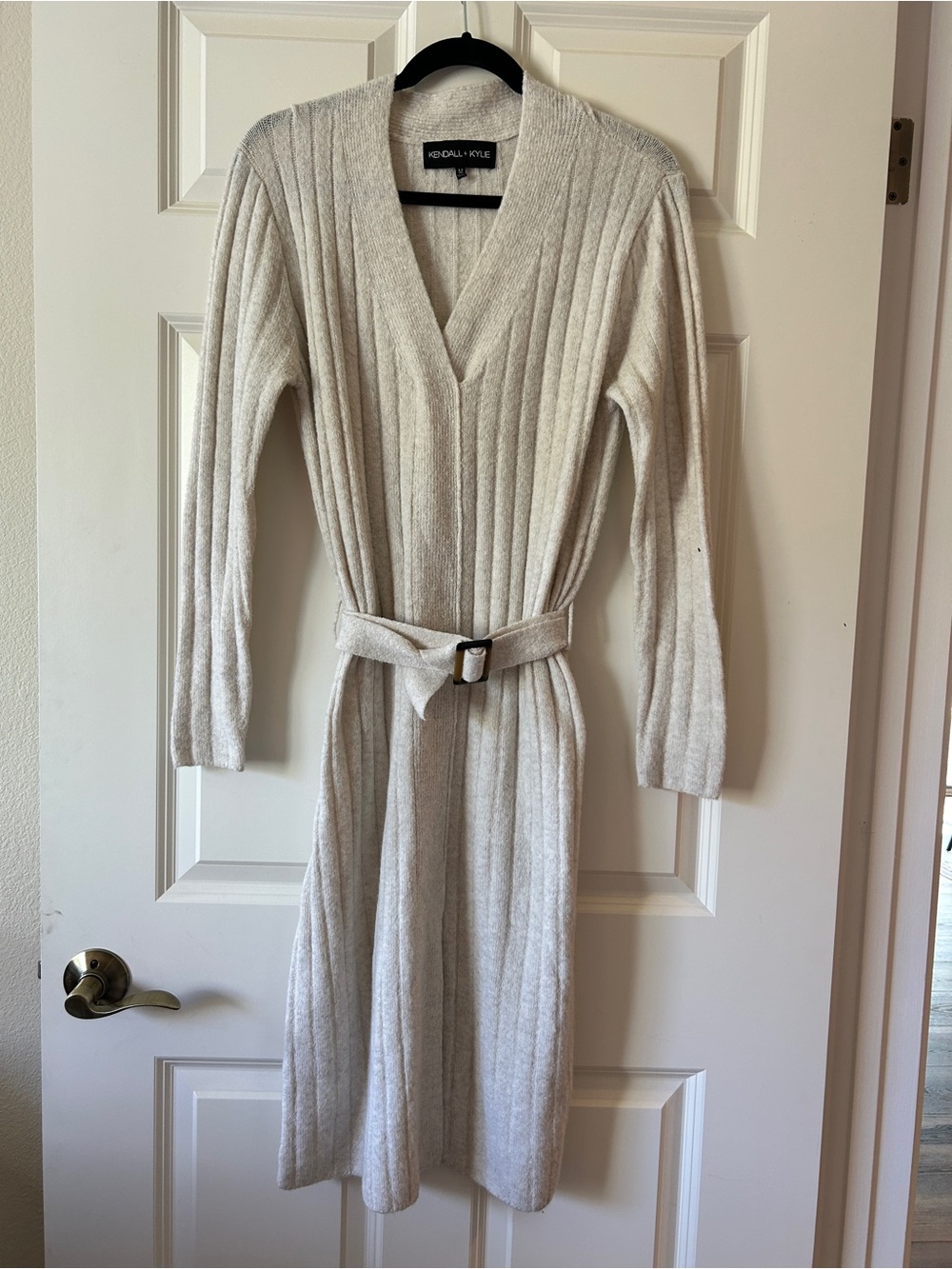 Kendall & Kylie Cream Ribbed Long Sleeve Belted Sweater Dress M